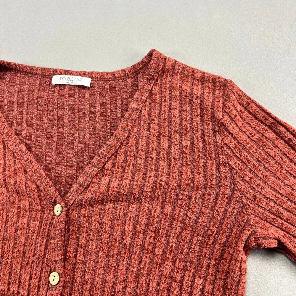 Double Take Cardigan Sweater Womens S Brick Red Ribbed Texture Dual Patch Pocket
